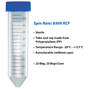 Globe Scientific 6288 Polypropylene Centrifuge Tube with Attached Blue Flat Top Screw Cap, Sterile, Printed Graduation, Bag Pack, 50mL Capacity (Case of 500)