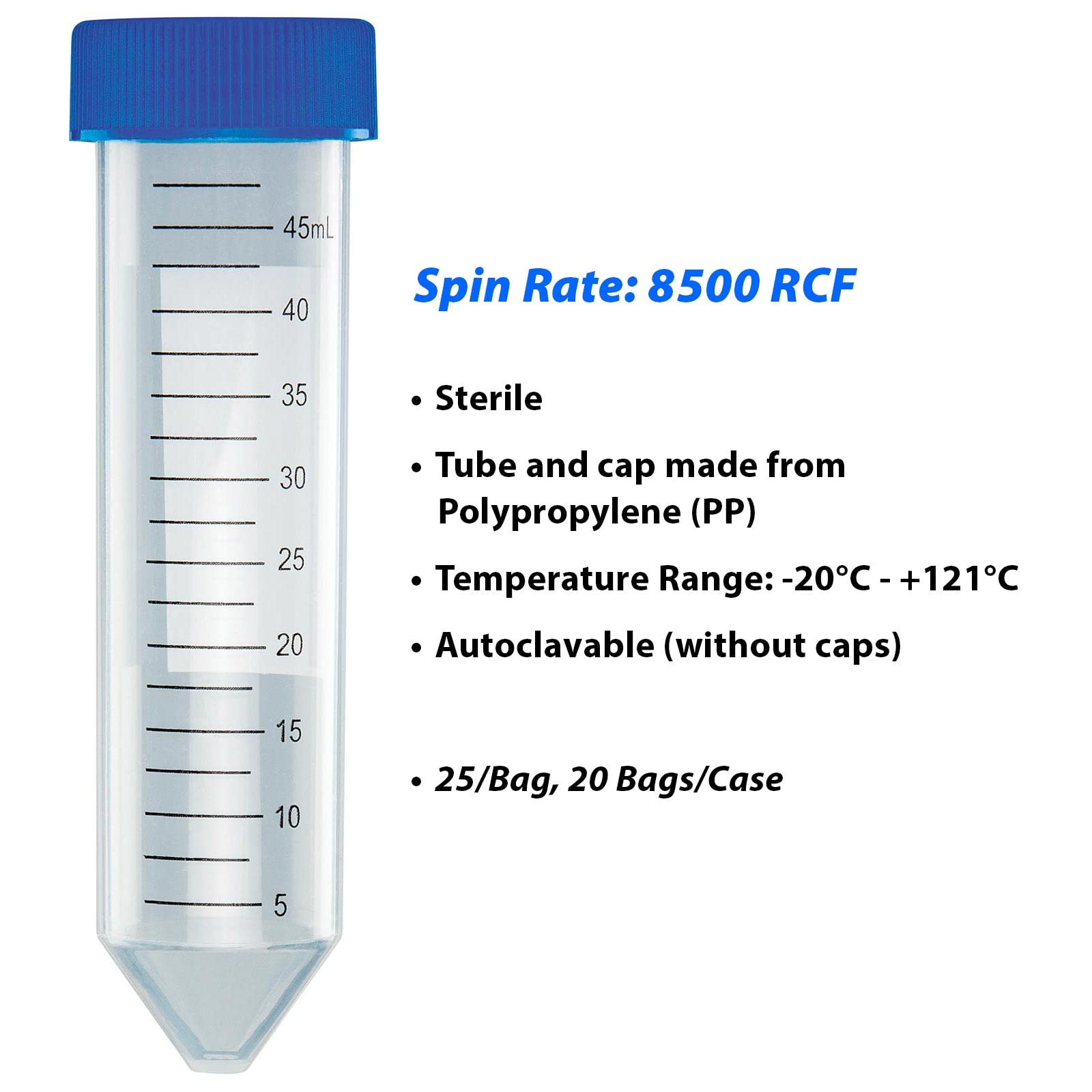 Globe Scientific 6288 Polypropylene Centrifuge Tube with Attached Blue Flat Top Screw Cap, Sterile, Printed Graduation, Bag Pack, 50mL Capacity (Case of 500)