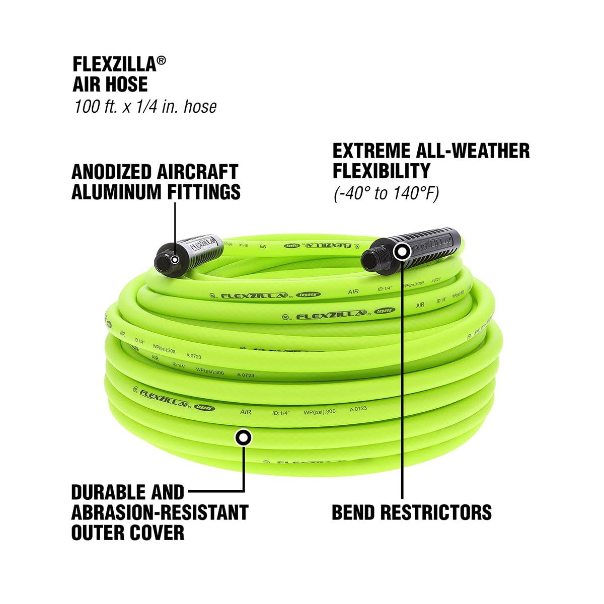 Flexzilla Air Hose, 1/4 In. x 100'., 1/4 In. MNPT Fittings, Heavy Duty, Lightweight, Hybrid, Zillagreen - HFZ14100YW2