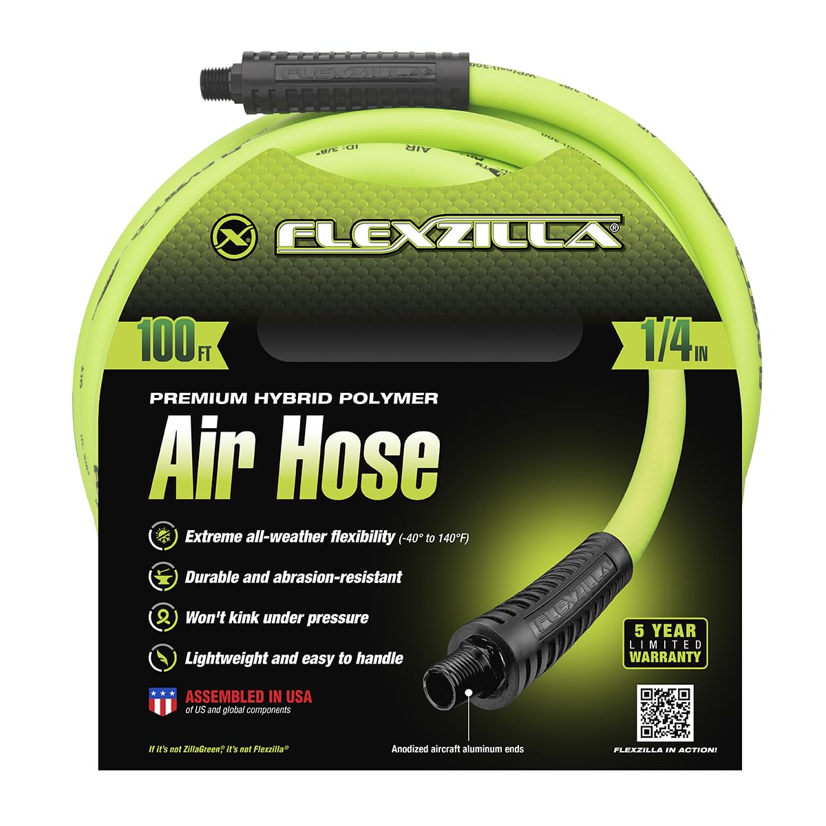 Flexzilla Air Hose, 1/4 In. x 100'., 1/4 In. MNPT Fittings, Heavy Duty, Lightweight, Hybrid, Zillagreen - HFZ14100YW2