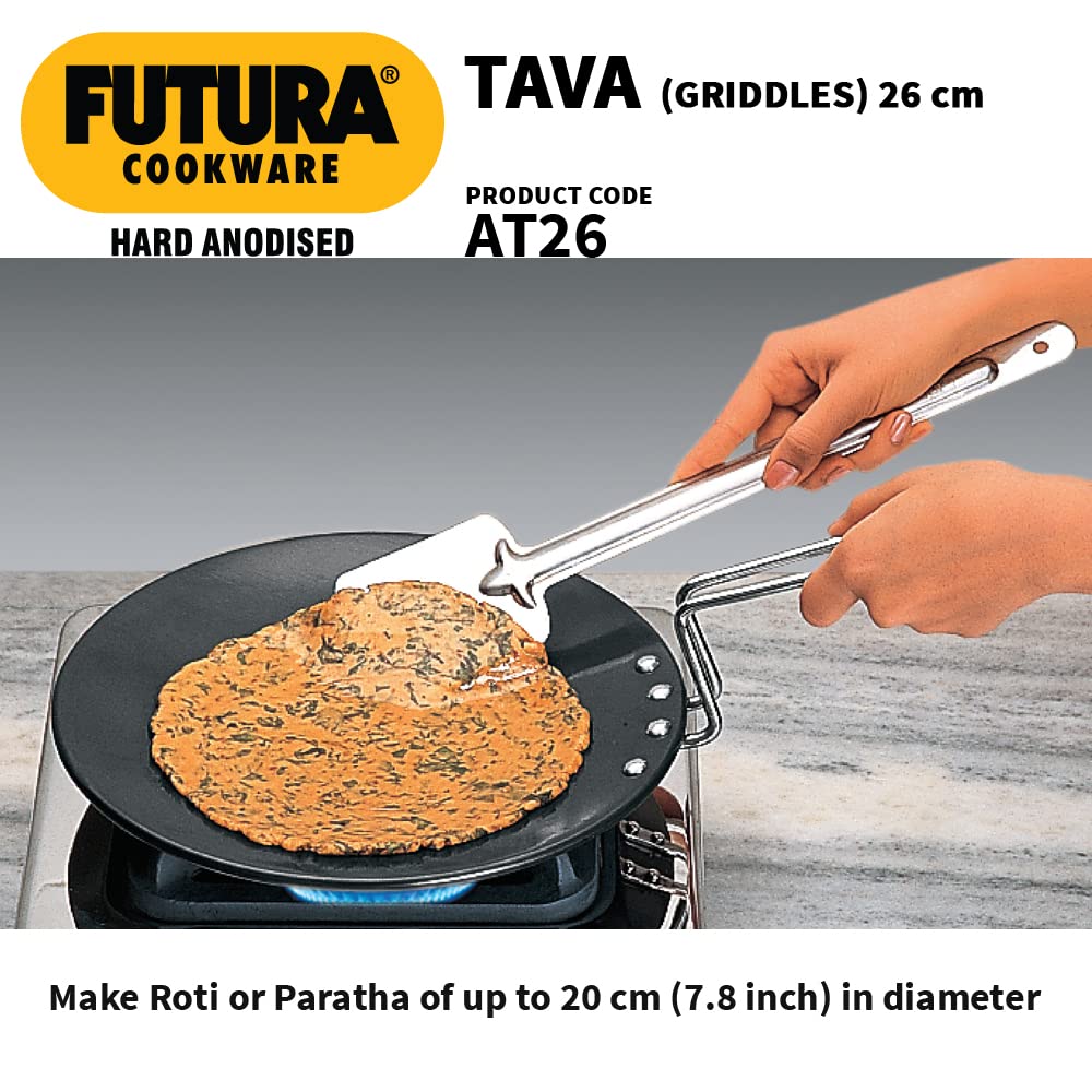 Futura 10inch Hard Anodised Concave Tava Griddle, 10-Inch, 4.88 with Steel Handle, 26 cm, Black