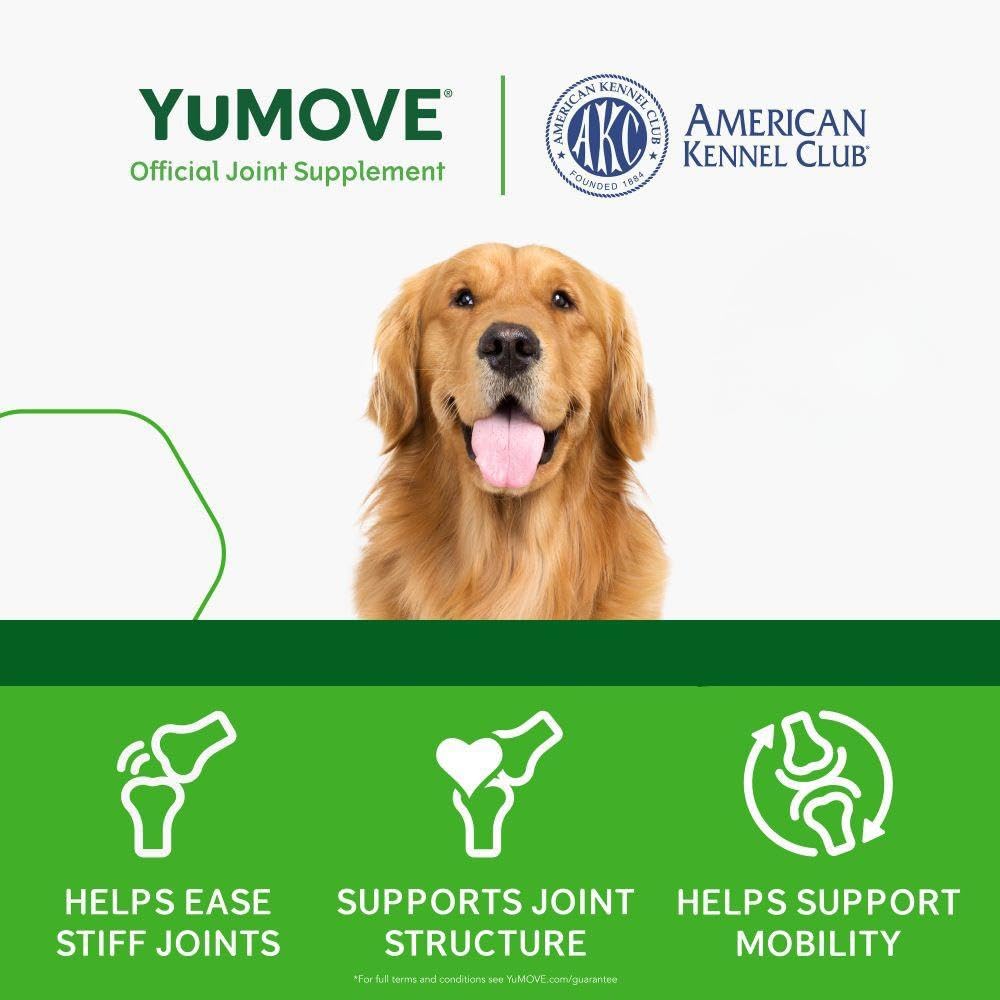 YuMOVE Adult Dog Tablets | Hip and Joint Supplement for Dogs with Glucosamine, Chondroitin, Hyaluronic Acid, Green Lipped Mussel | Dogs Aged 6 to 8 | 120 Count Tablets, Treat Colored