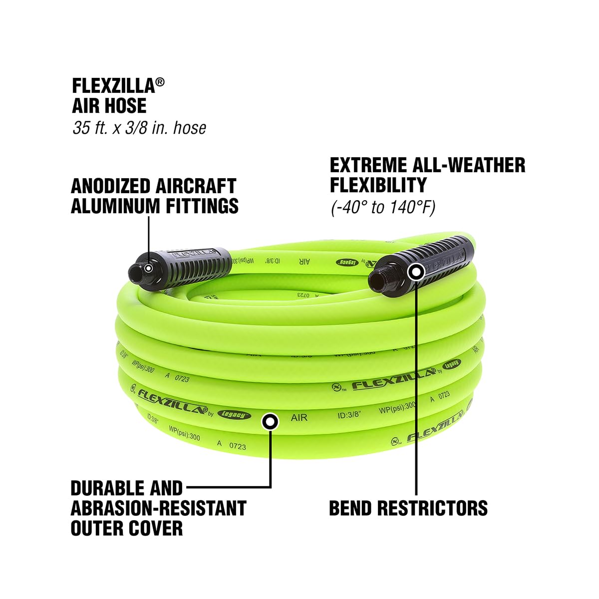 Flexzilla Air Hose, 3/8 in. x 35 ft., 1/4 in. MNPT Fittings, Heavy Duty, Lightweight, Hybrid, ZillaGreen - HFZ3835YW2