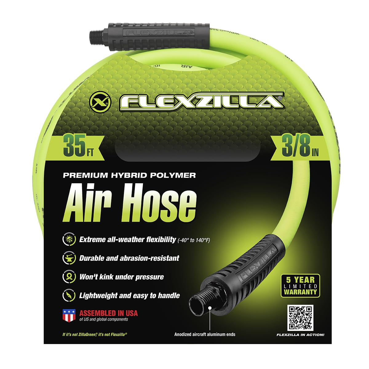 Flexzilla Air Hose, 3/8 in. x 35 ft., 1/4 in. MNPT Fittings, Heavy Duty, Lightweight, Hybrid, ZillaGreen - HFZ3835YW2