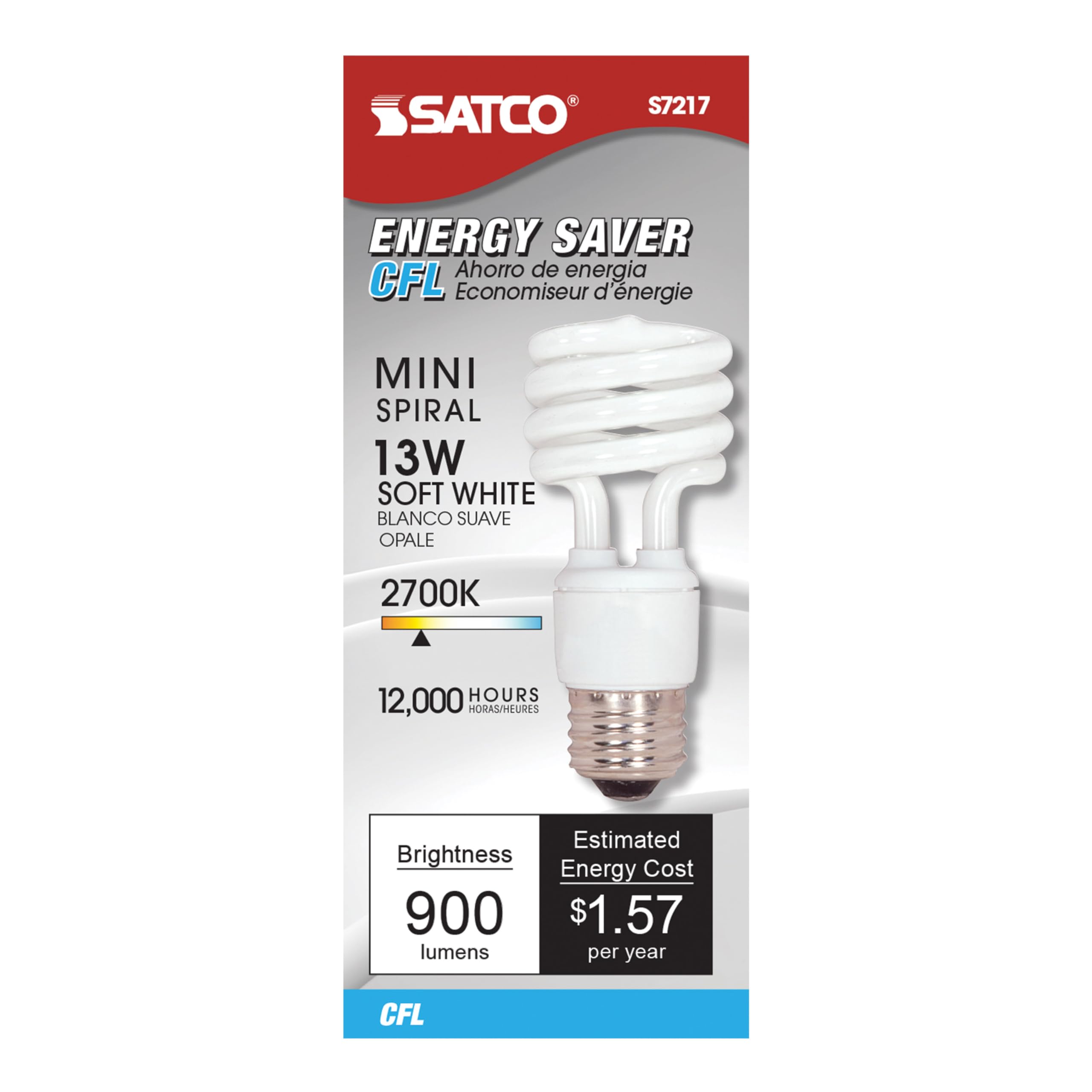 Satco S7217 13-Watt Medium Base T2 Mini Spiral, 2700K, 120V, Equivalent to 60-Watt Incandescent Lamp for Enclosed Fixtures,White