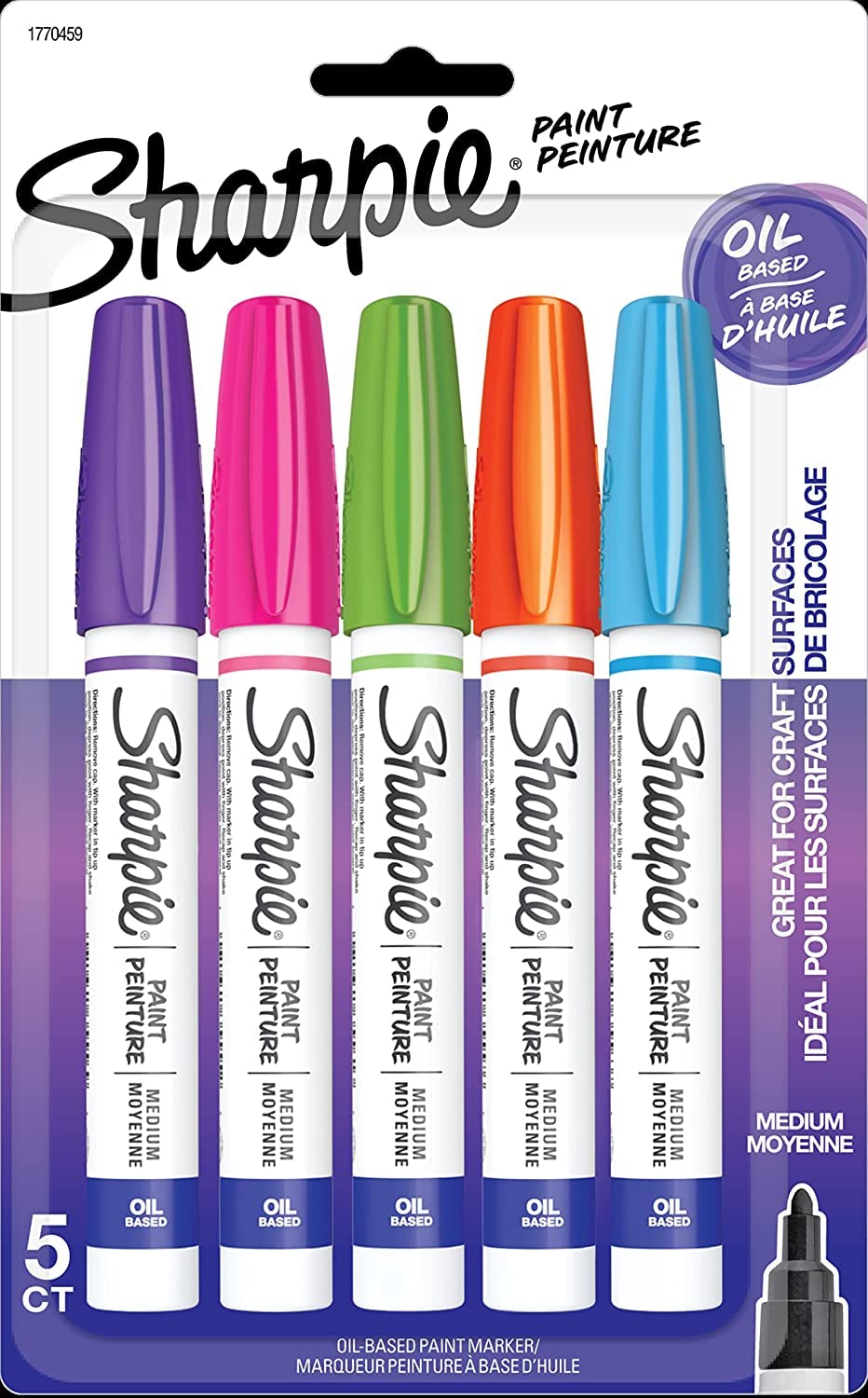 Sharpie Oil-Based Paint Markers, Medium Point, Bright Colors, 5 Count - Great for Rock Painting