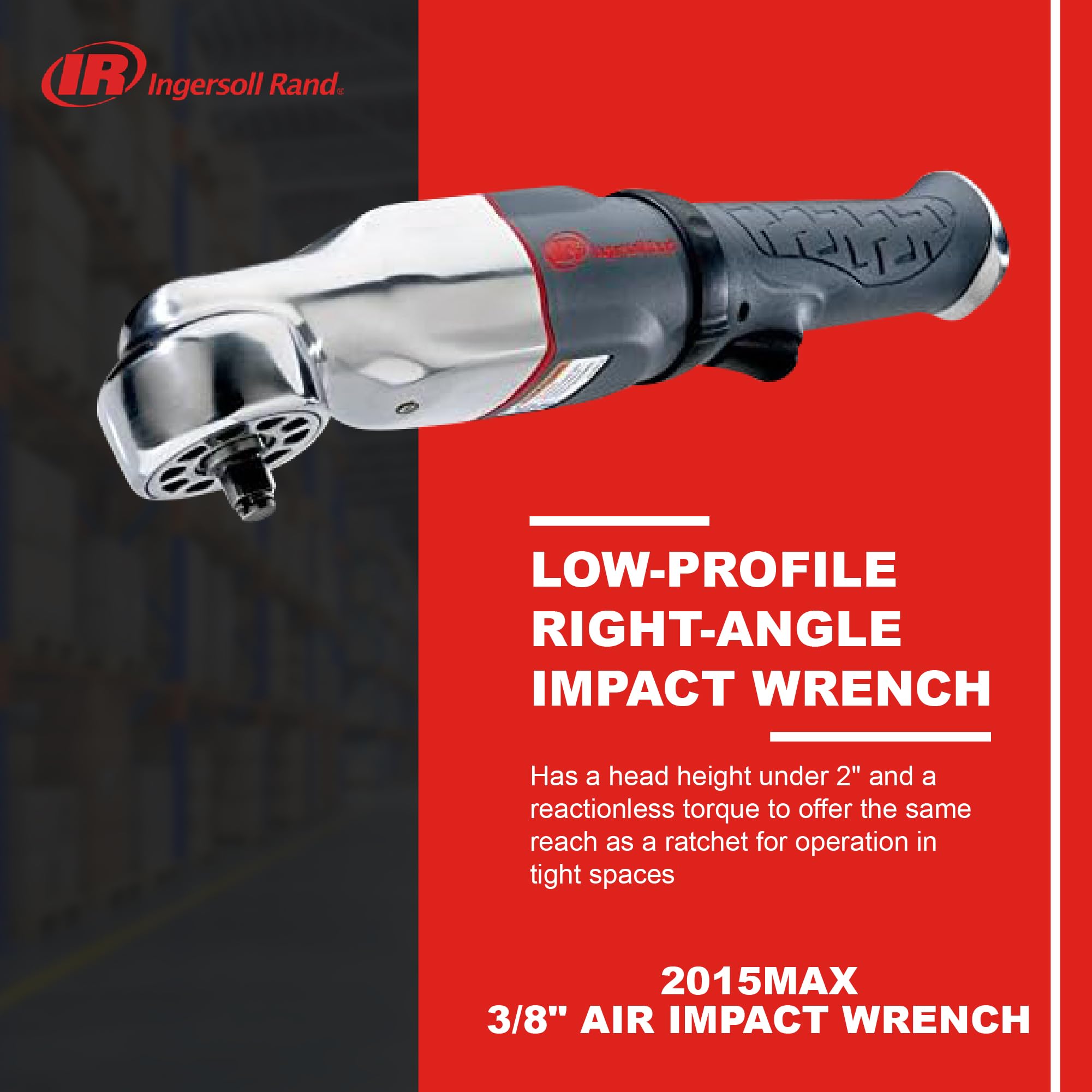 Ingersoll Rand 2015MAX 3/8" Pneumatic Air Impact Wrench, Right Angle, Low Profile 2” Hammerhead, 180 ft lbs Max Torque, 7,100 rpm, Two-Position Power Regulator, Gray