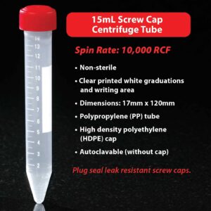 Globe Scientific 6264 Polypropylene Centrifuge Tube with Separate Red Screw Cap, Non-Sterile, 15mL Capacity, Printed Graduation, Bulk Pack (Case of 500)