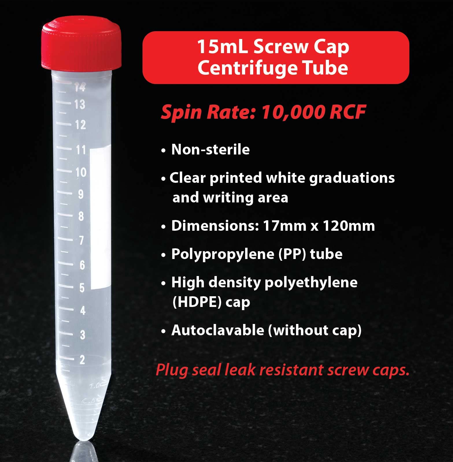 Globe Scientific 6264 Polypropylene Centrifuge Tube with Separate Red Screw Cap, Non-Sterile, 15mL Capacity, Printed Graduation, Bulk Pack (Case of 500)