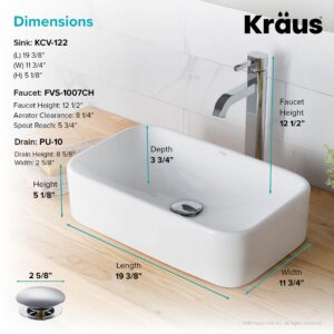 KRAUS 19-inch Rectangular White Porcelain Ceramic Bathroom Vessel Sink and Ramus Faucet Combo Set with Pop-Up Drain, Chrome C-KCV-122-1007CH