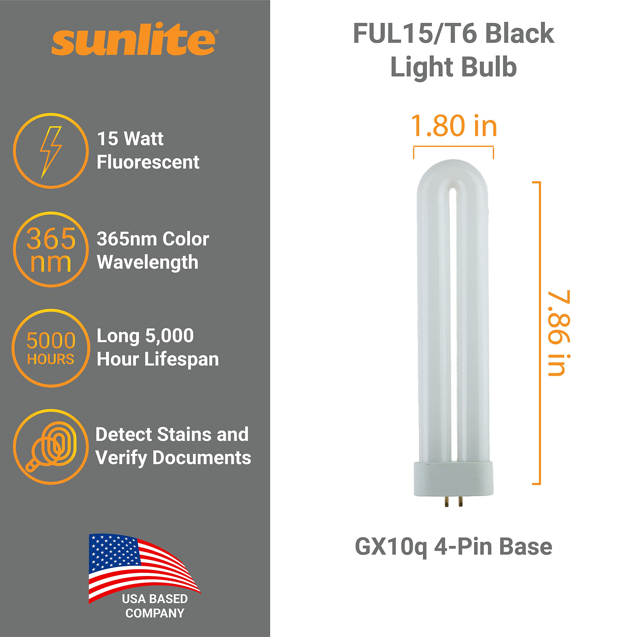 Sunlite 05155-SU T6 Fluorescent U-Shaped Light Bulb, 15 Watts, UV Light, 365nm Color Wavelength, GX10q 4-Pin Base, Plug-in, 5,000 Hour Life Span, Clubs, Restaurants, Party Lights, Blacklight, 1 Count