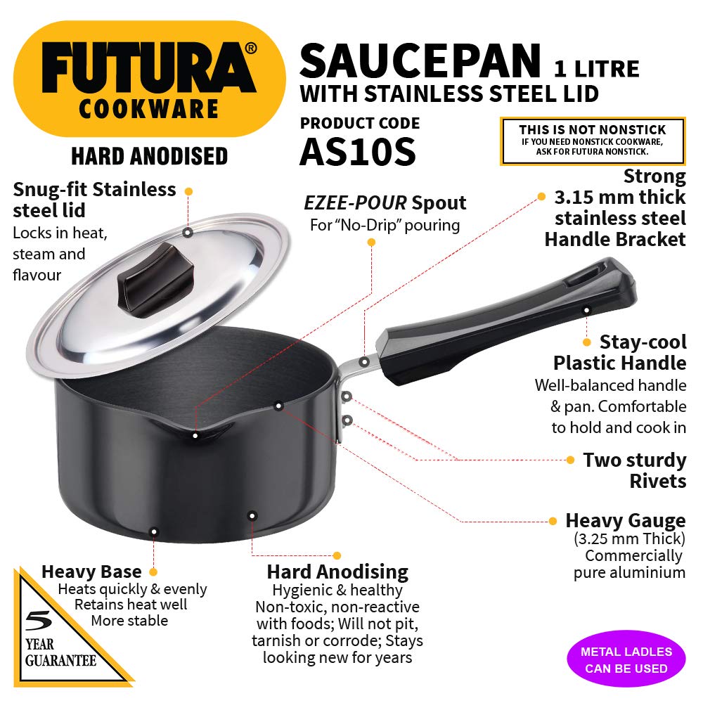 Futura Hard Anodised 1.0 Litre with Steel Lid and Pouring Spout Sauce Pan, 1.05 Quart, Black