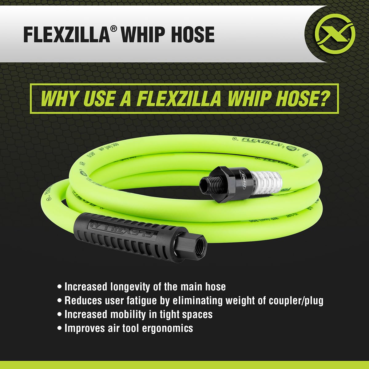 Flexzilla Swivel Whip Air Hose, 3/8 in. x 6 ft. (1/4" MNPT Ball Swivel x 1/4" FNPT Ends), Heavy Duty, Lightweight, Hybrid, ZillaGreen - HFZ3806YW2B