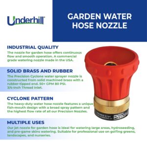 Underhill Precision Cyclone Garden Water Hose Nozzle Sprayer, 50+ GPM 80 PSI, 3/4-Inch Thread Inlet, High Pressure Heavy-Duty Brass and Rubber, HN5000