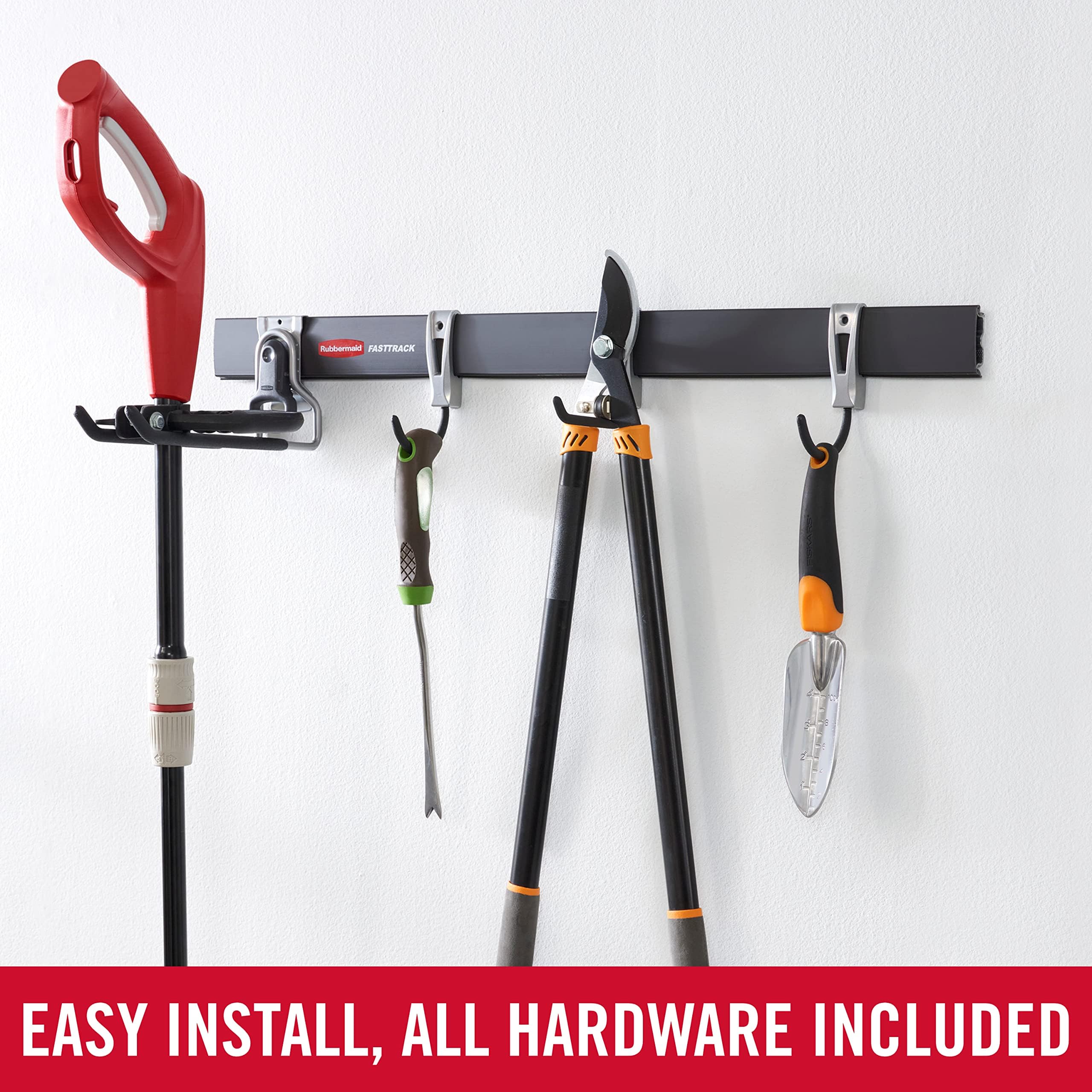 Rubbermaid FastTrack Garage Storage Utility Hooks, 5 Piece, Black, All in One Rail Hook Kit and Tool Organizer, Heavy Duty for Home/Garage/Shed/Garden