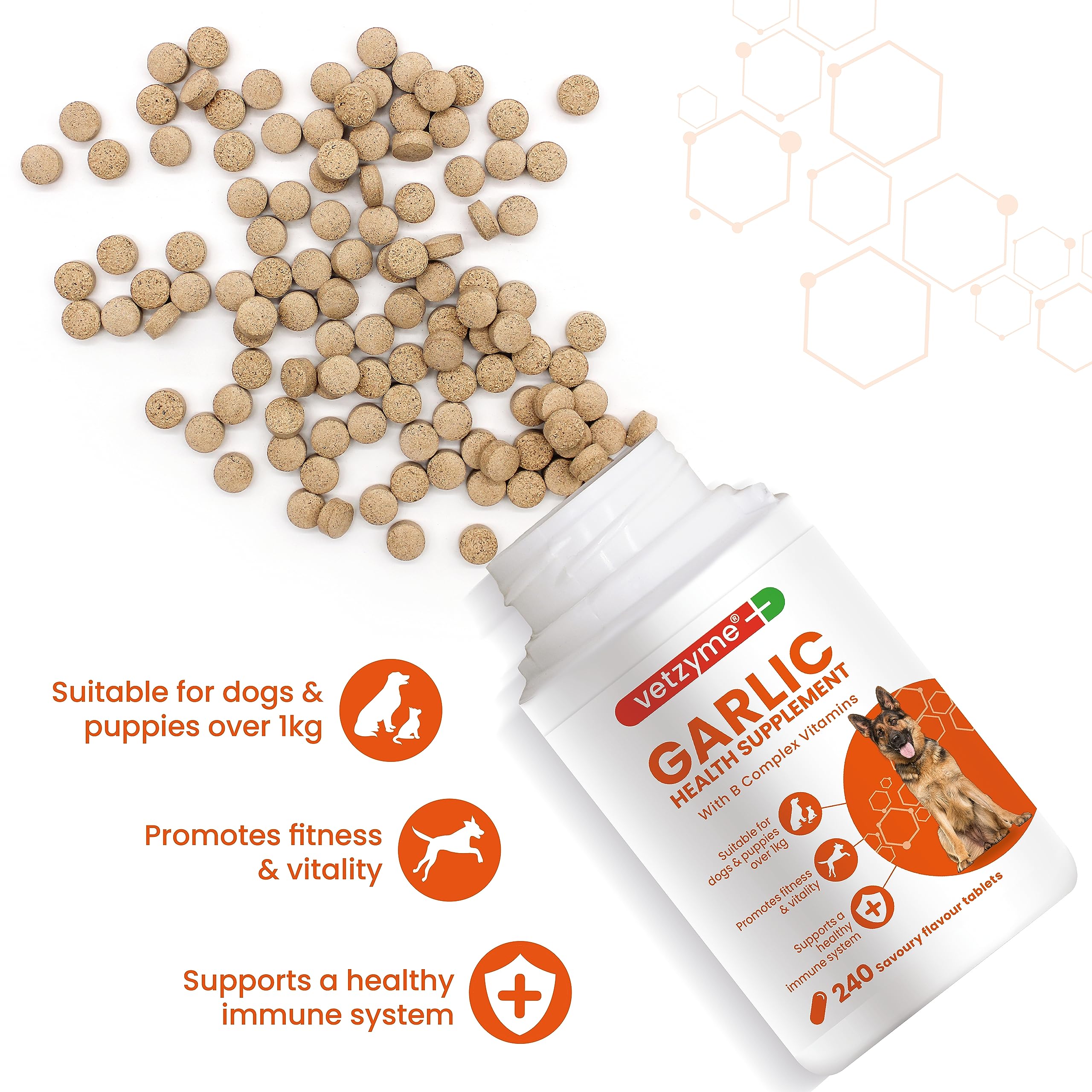 Vetzyme Garlic Health Supplement Tablets for Dogs, Healthy Heart, Vitality for Dogs, 240 Tablets