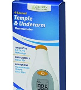 Veridian Healthcare Temple & Underarm Thermometer | Infrared Measurements | Fast 4-Second Readout | Fever Alert | Backlit Display | Programmable Timer | 1-Year Warranty