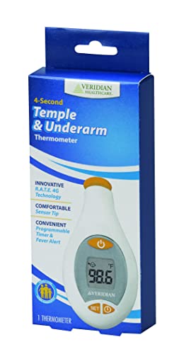 Veridian Healthcare Temple & Underarm Thermometer | Infrared Measurements | Fast 4-Second Readout | Fever Alert | Backlit Display | Programmable Timer | 1-Year Warranty