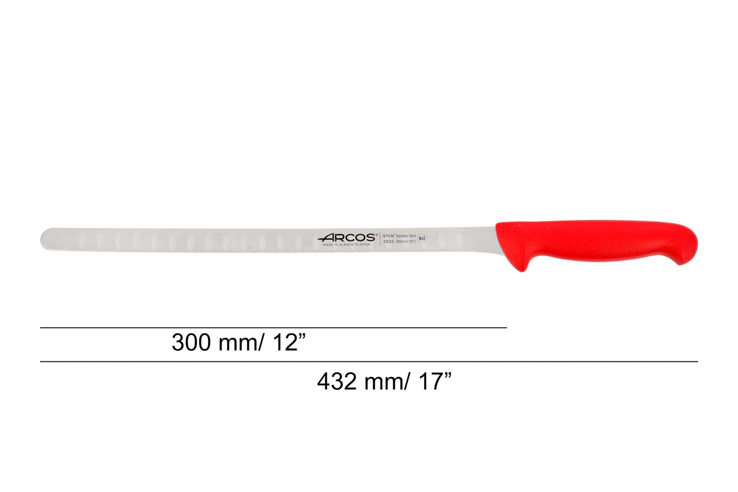 ARCOS Salmon Knife/Fish Knife 12 Inch Nitrum Stainless Steel and 300 mm blade. Ergonomic Polypropylene Handle. Series 2900. Features different handle colors to make it easier. Color Red.