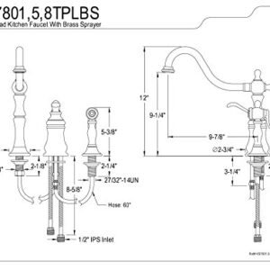 Kingston Brass KS7808TPLBS Templeton Widespread Kitchen Faucet with Brass Sprayer, Satin Nickel,8-Inch Center