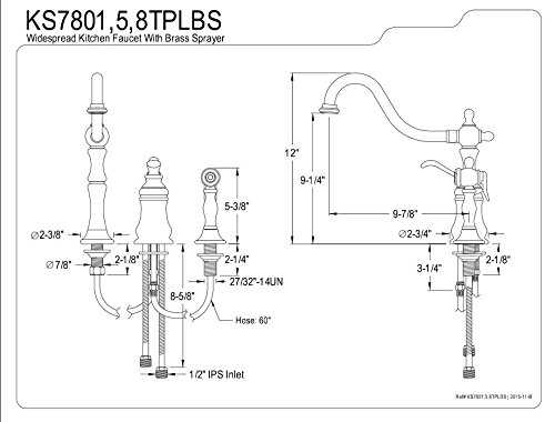 Kingston Brass KS7808TPLBS Templeton Widespread Kitchen Faucet with Brass Sprayer, Satin Nickel,8-Inch Center