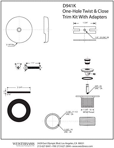 Westbrass D941K-05 1-3/8" Fine Thread Twist & Close Bathtub Drain Trim with One-Hole Overlfow Faceplate and Universal Adaptor, Polished Nickel