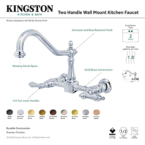 Kingston Brass KS1243AL Heritage Bridge Kitchen Faucet, 9-7/16 inch in Spout Reach, Antique Brass