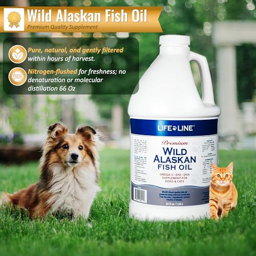 Life Line Pet Nutrition Wild Alaskan Fish Oil Omega-3 Supplement for Skin & Coat – Supports Brain, Eye & Heart Health in Dogs & Cats, 66oz