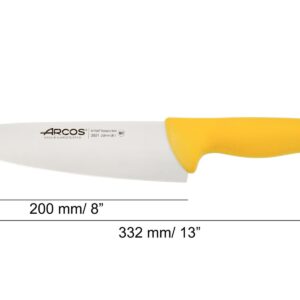 ARCOS Chef Knife 8 Inch Nitrum Stainless Steel and 200 mm blade. Professional Multipurpose Cooking Knife. Ergonomic Polypropylene Handle. Series 2900. Color Yellow