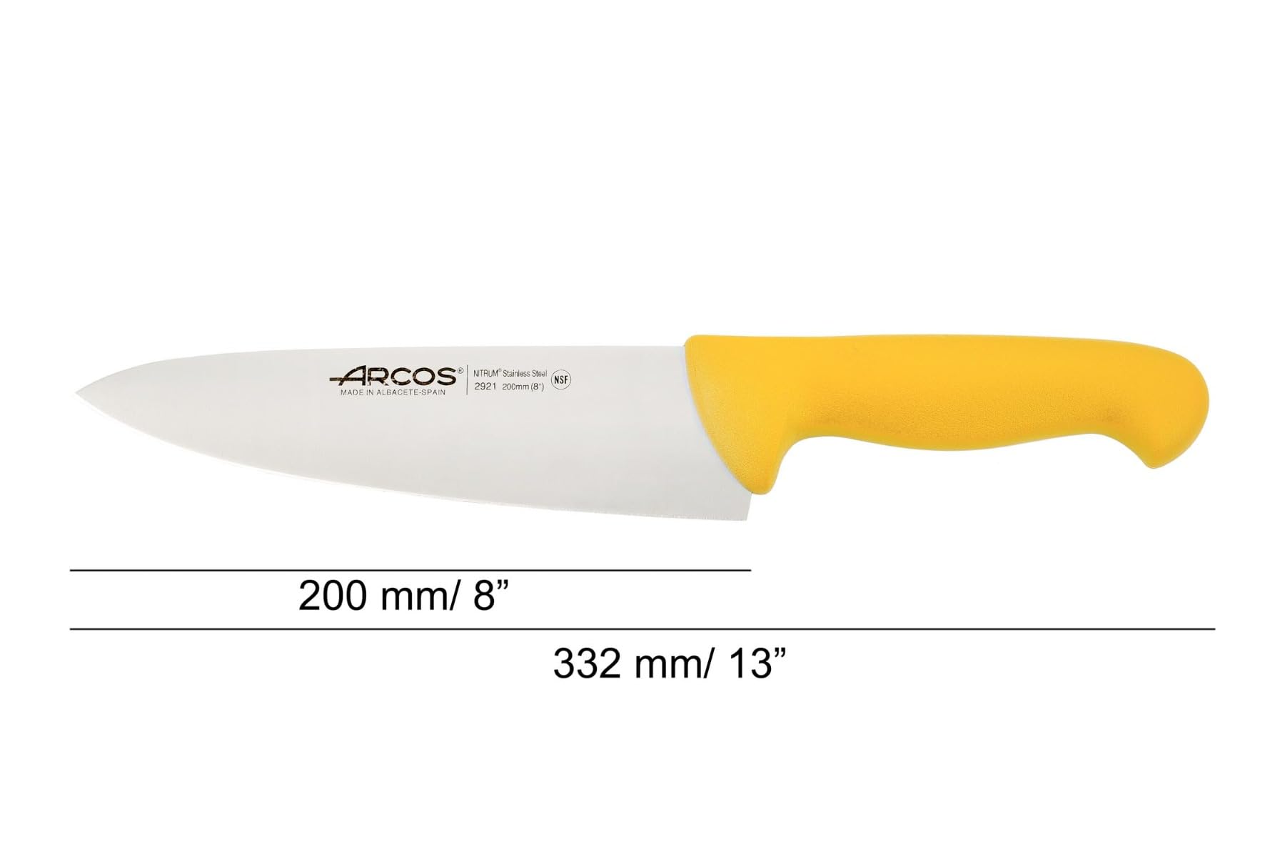 ARCOS Chef Knife 8 Inch Nitrum Stainless Steel and 200 mm blade. Professional Multipurpose Cooking Knife. Ergonomic Polypropylene Handle. Series 2900. Color Yellow