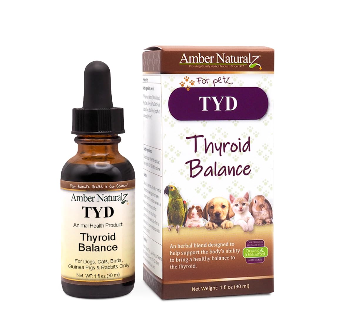 Amber NaturalZ TYD Thyroid Balance Herbal Supplement for Dogs, Cats, Birds, Guinea Pigs, and Rabbits | Herbal Pet Supplement for Thyroid Health | 1 Fluid Ounce Glass Bottle | Manufactured in The USA