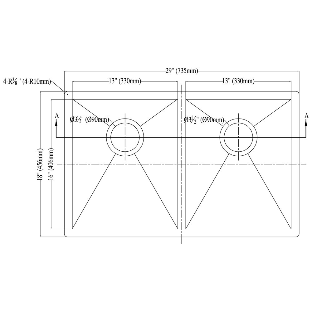 Dawn DSQ271616 Undermount Equal Double Square Sink, Polished Satin