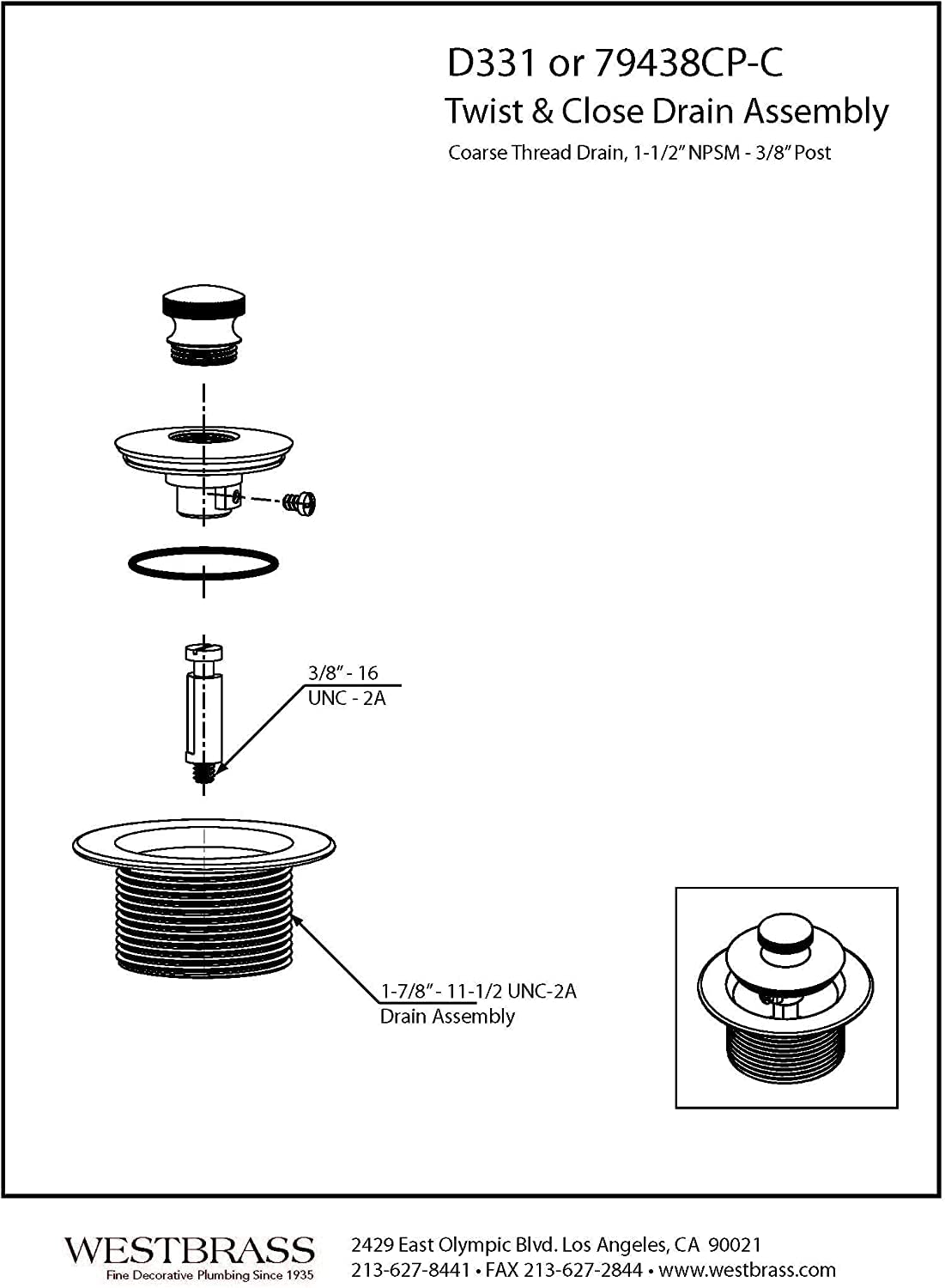 Westbrass D331-12A 1-1/2" NPSM Twist & Close Bathtub Drain Plug, Coarse Thread, Antique Bronze