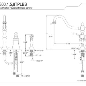 Kingston Brass KS7808TPLBS Templeton Widespread Kitchen Faucet with Brass Sprayer, Satin Nickel,8-Inch Center