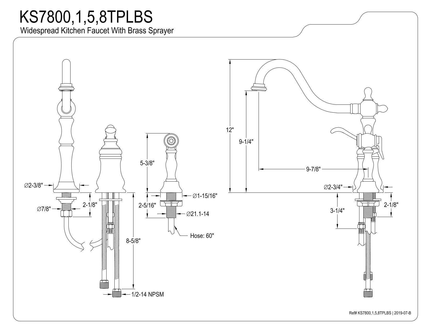 Kingston Brass KS7808TPLBS Templeton Widespread Kitchen Faucet with Brass Sprayer, Satin Nickel,8-Inch Center