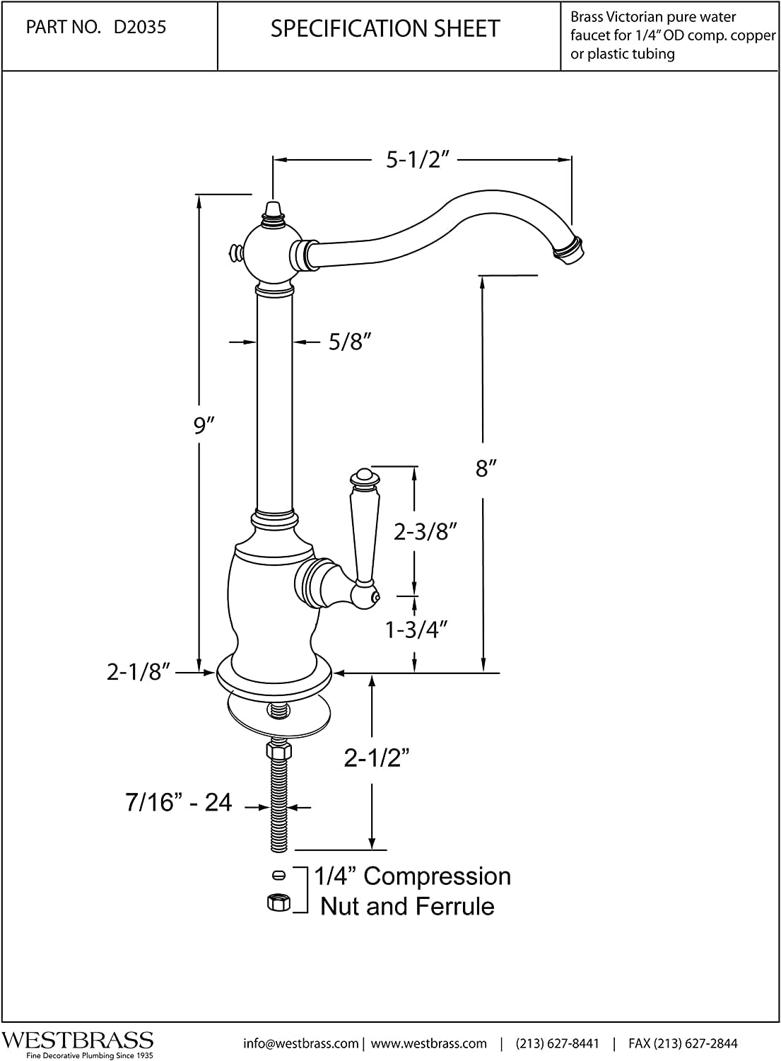 Westbrass D2035-NL-05 9" Victorian 1-Lever Handle Cold Water Dispenser Faucet, Polished Nickel