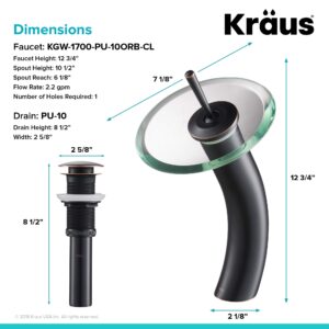 KRAUS Tall Waterfall Bathroom Faucet for Vessel Sink with Clear Glass Disk and Pop-Up Drain, Oil Rubbed Bronze KGW-1700-PU-10ORB-CL