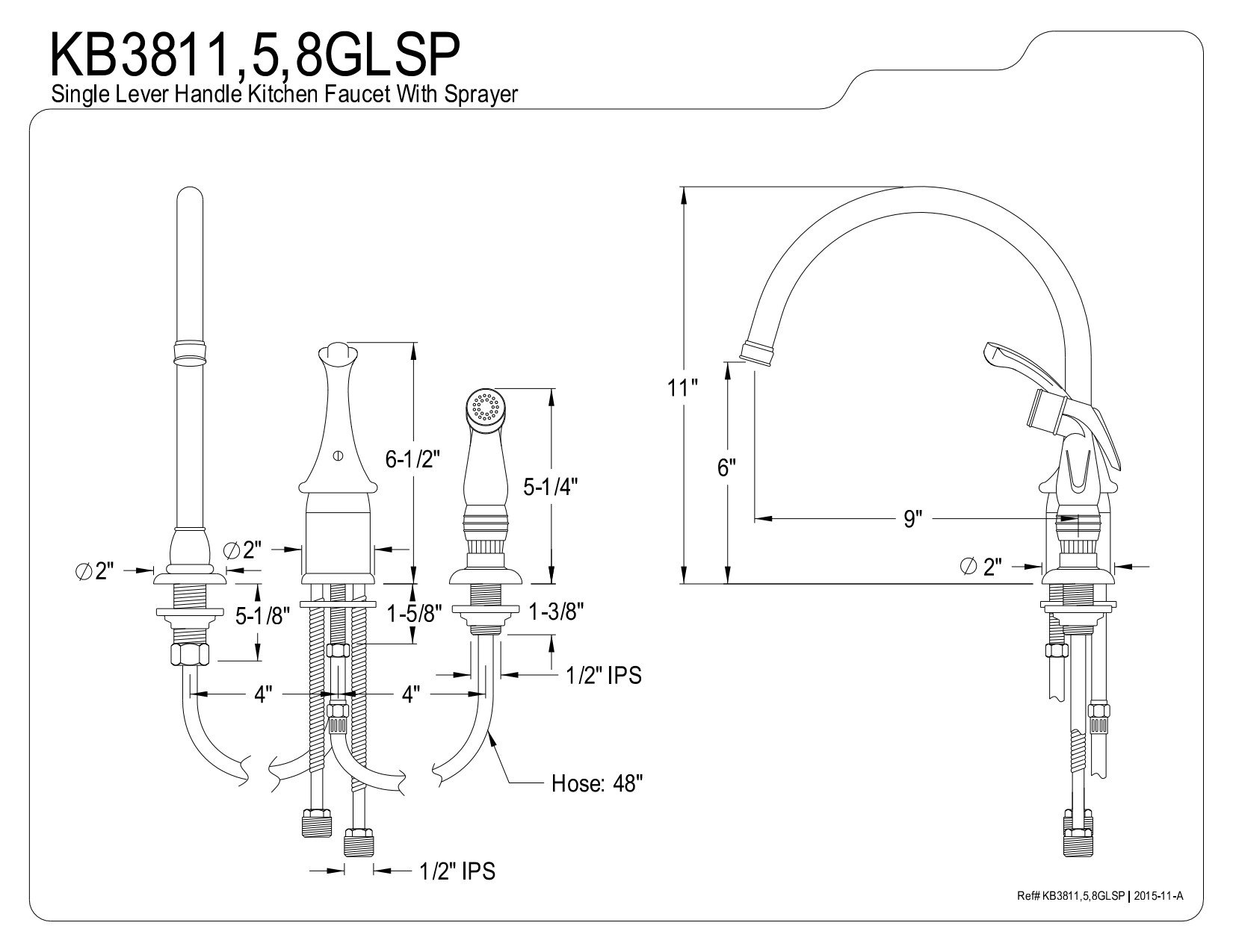 Kingston Brass KB3811GLSP Georgian Kitchen Faucet with Sprayer, 8-3/4-Inch, Polished Chrome