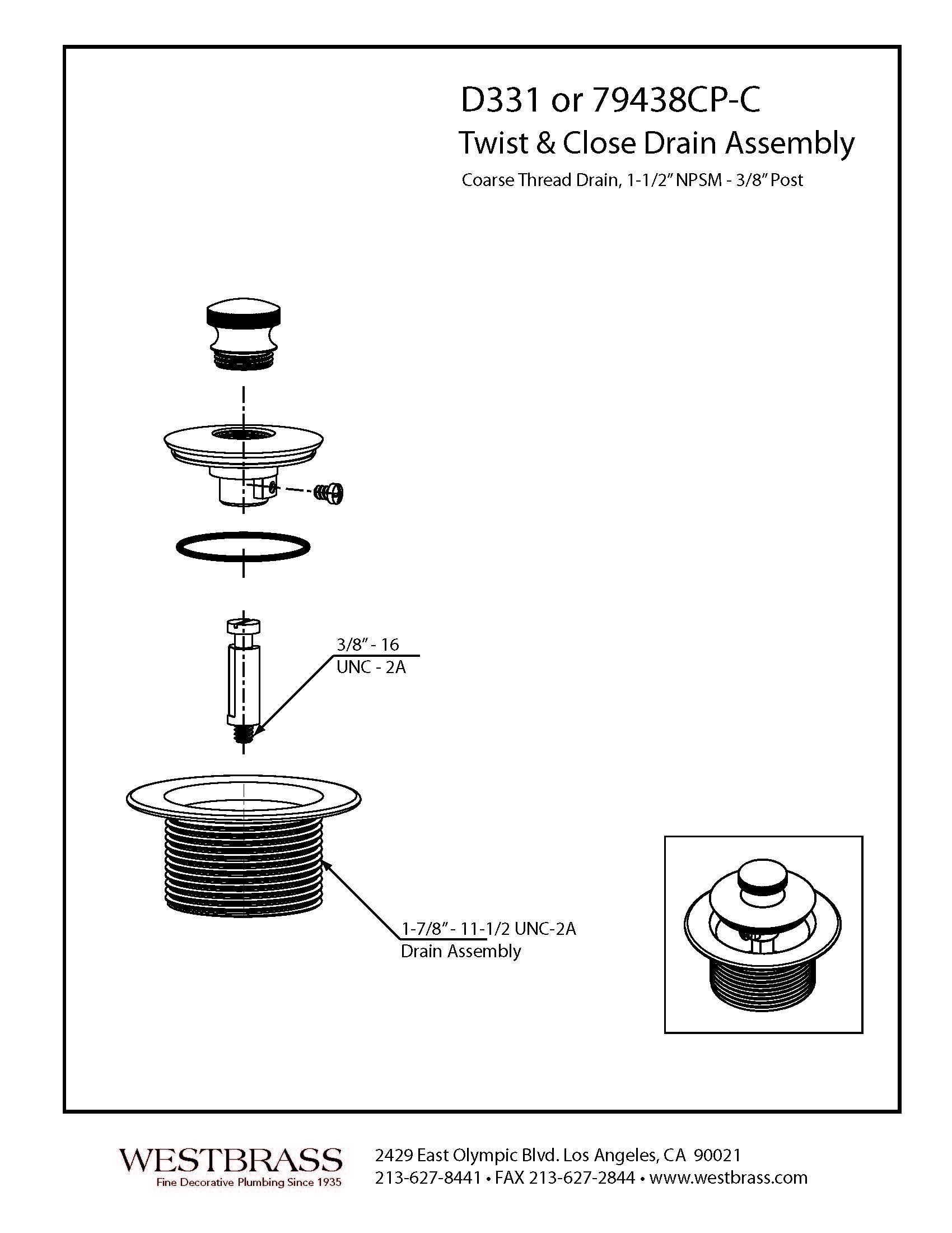 Westbrass D331-07 1-1/2-Inch NPSM Coarse Thread Twist & Close Bath Drain, Satin Nickel