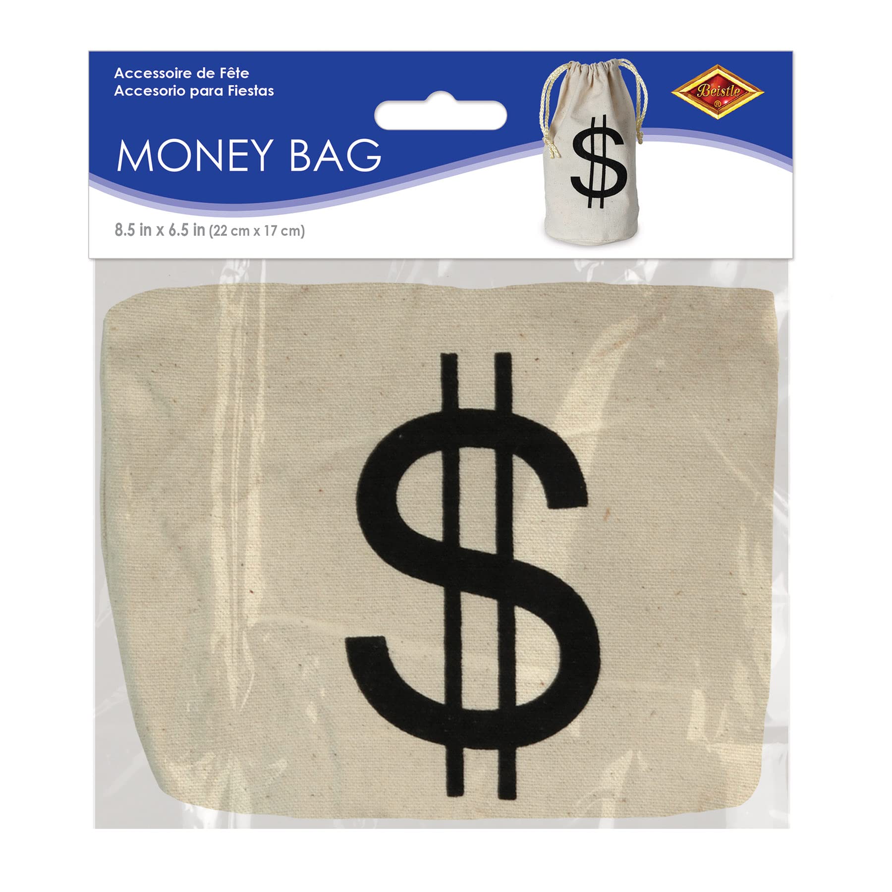 Beistle Fabric Drawstring Money Bag Pouch with Dollar Sign for Casino Night Theme Party Favors, 8.5" x 6.5", Natural/Black