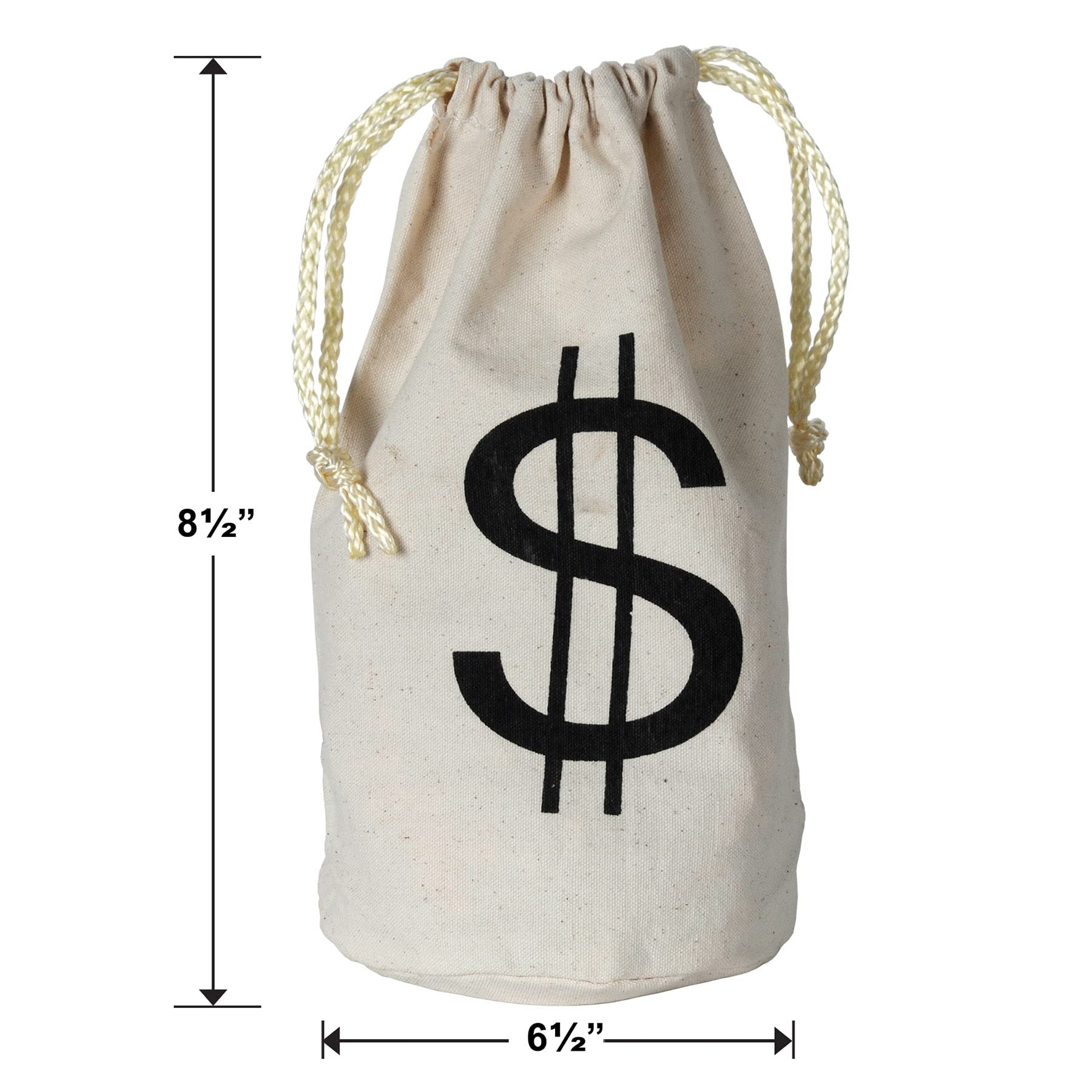 Beistle Fabric Drawstring Money Bag Pouch with Dollar Sign for Casino Night Theme Party Favors, 8.5" x 6.5", Natural/Black