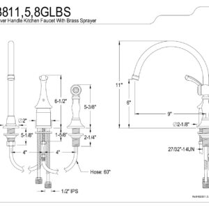 Kingston Brass KB3818GLBS Georgian Kitchen Faucet with Brass Sprayer, 8-3/4-Inch, Brushed Nickel