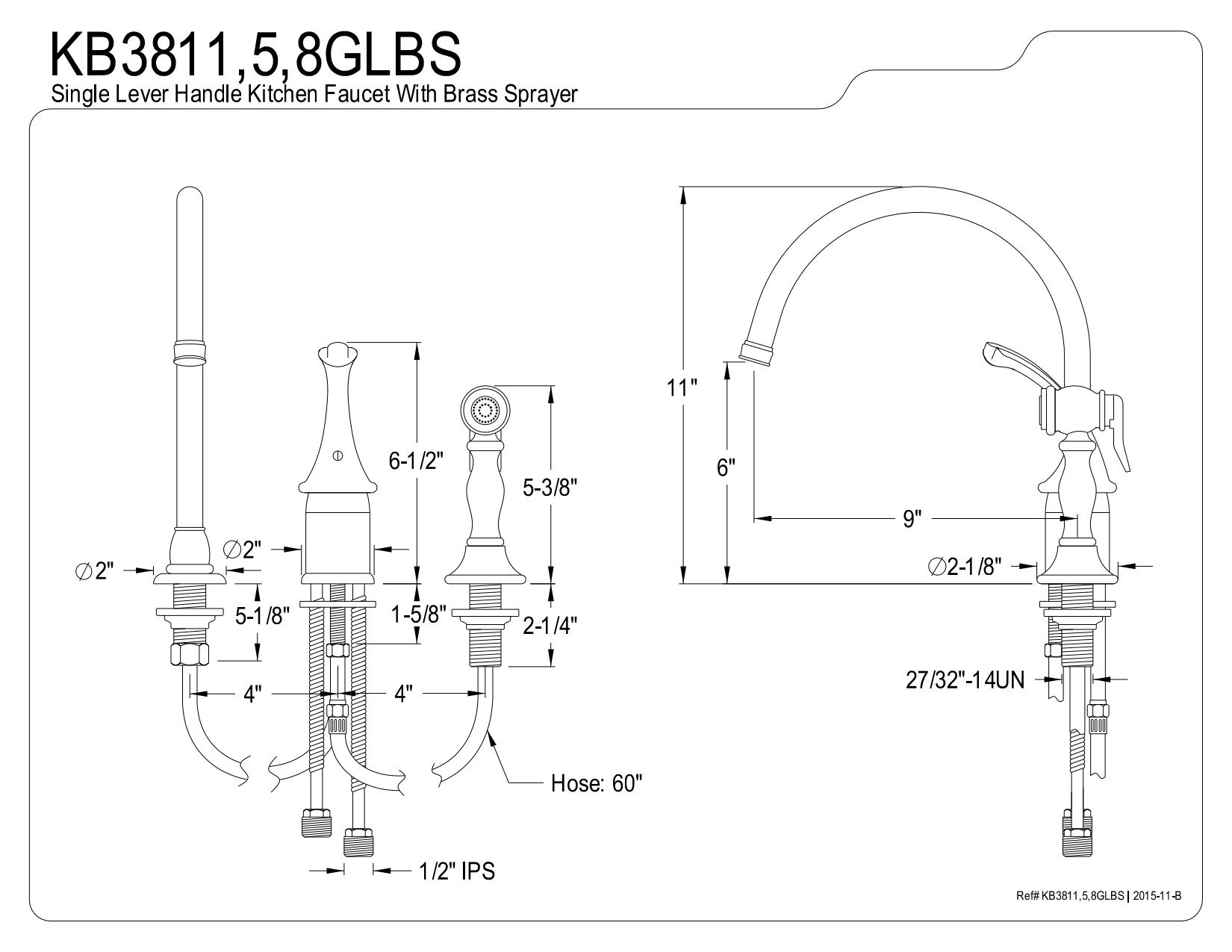 Kingston Brass KB3818GLBS Georgian Kitchen Faucet with Brass Sprayer, 8-3/4-Inch, Brushed Nickel