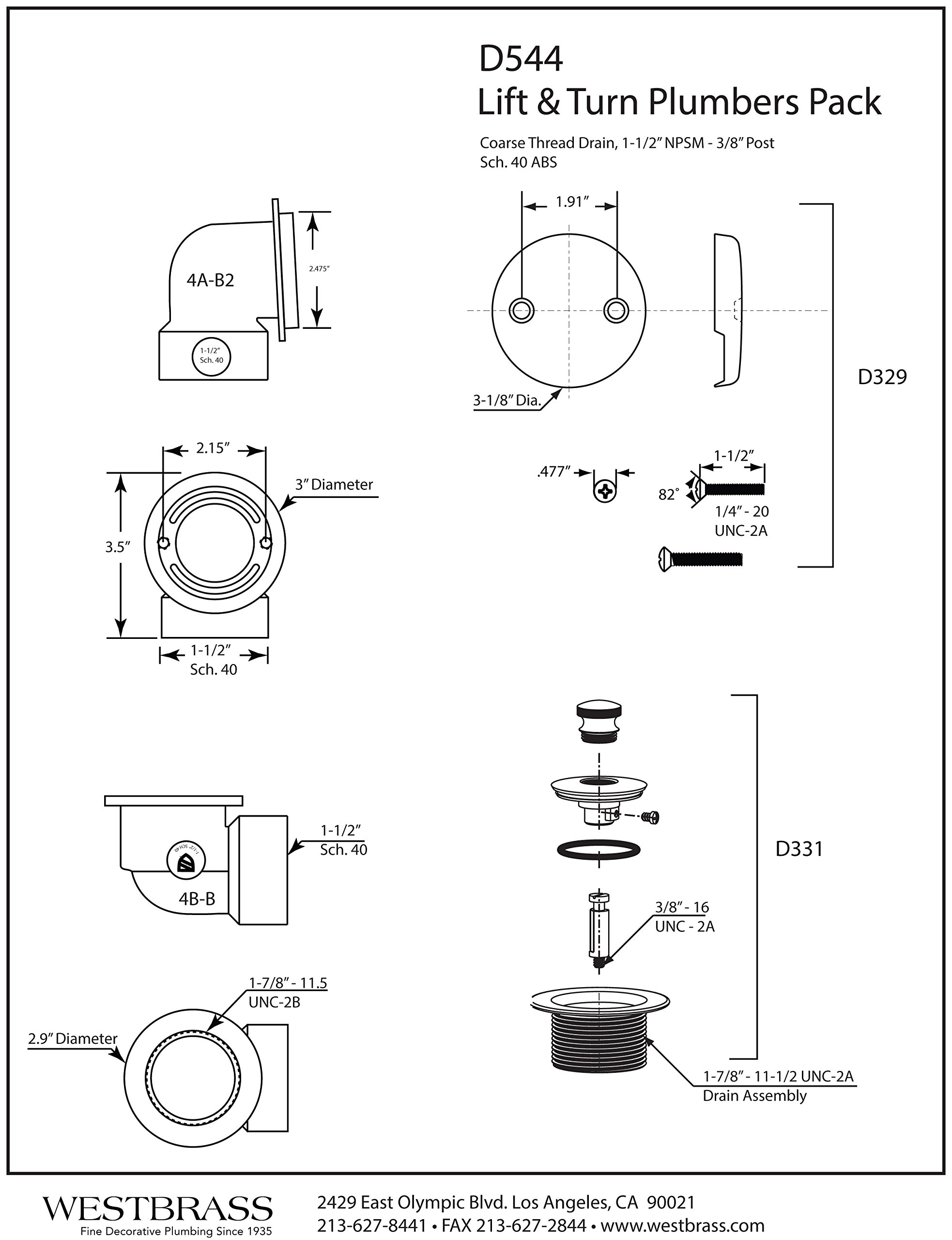 Westbrass Twist & Close Sch. 40 ABS Plumber's Pack with Two-Hole Elbow, Polished Brass, D544-01