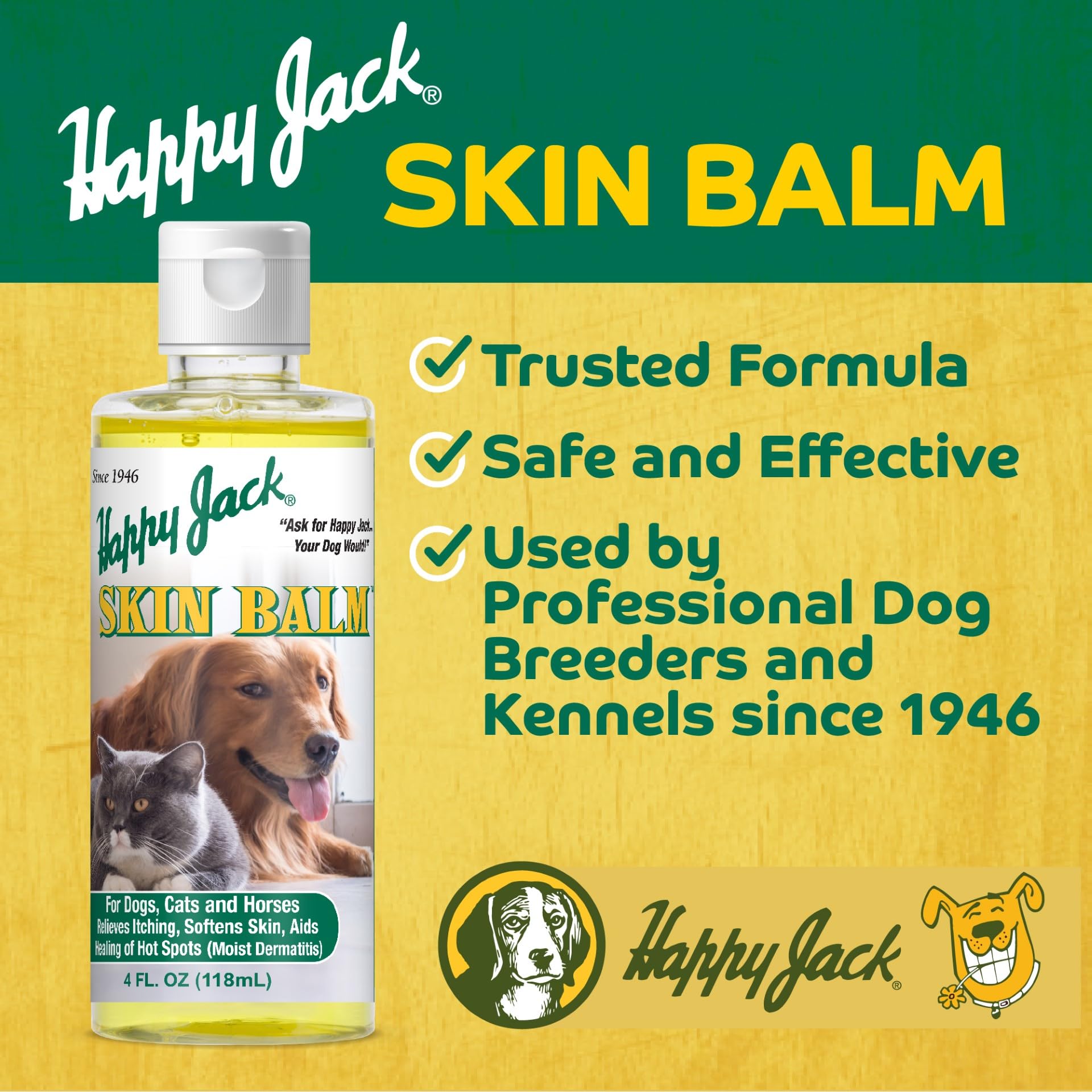 Happy Jack Skin Balm Hot Spot & Itchy Skin Relief for Dogs, Cats & Horses (4 oz), Softens Skin, Aids Healing of Hot Spots, Fast Relief to Intense Itching, Scratching & Gnawing