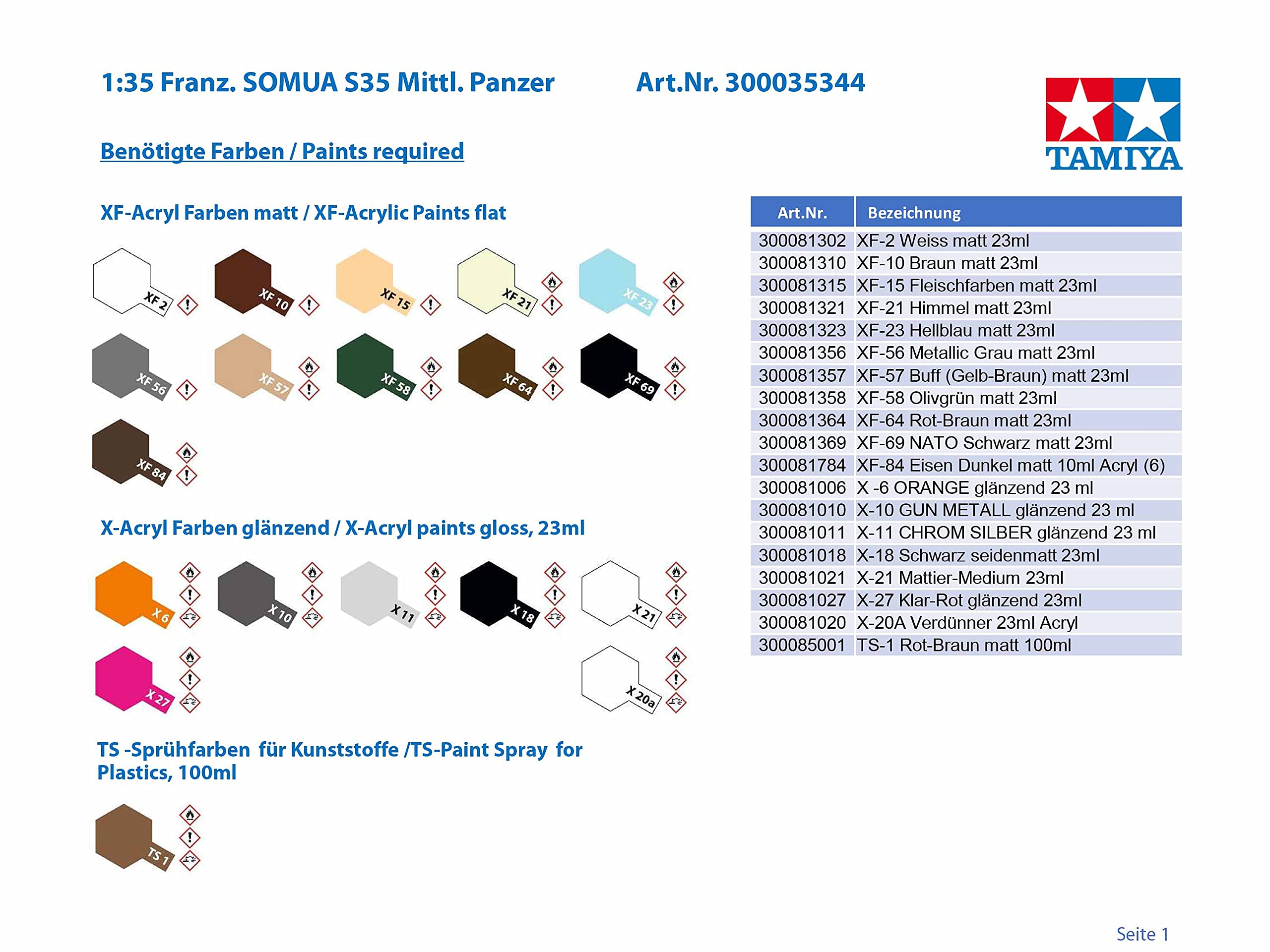 Tamiya 300035344 – 1:35 French SOMUA S35 Medium Tank, Faithful Replica, Plastic, Crafts, Model kit, Assembly, unpainted