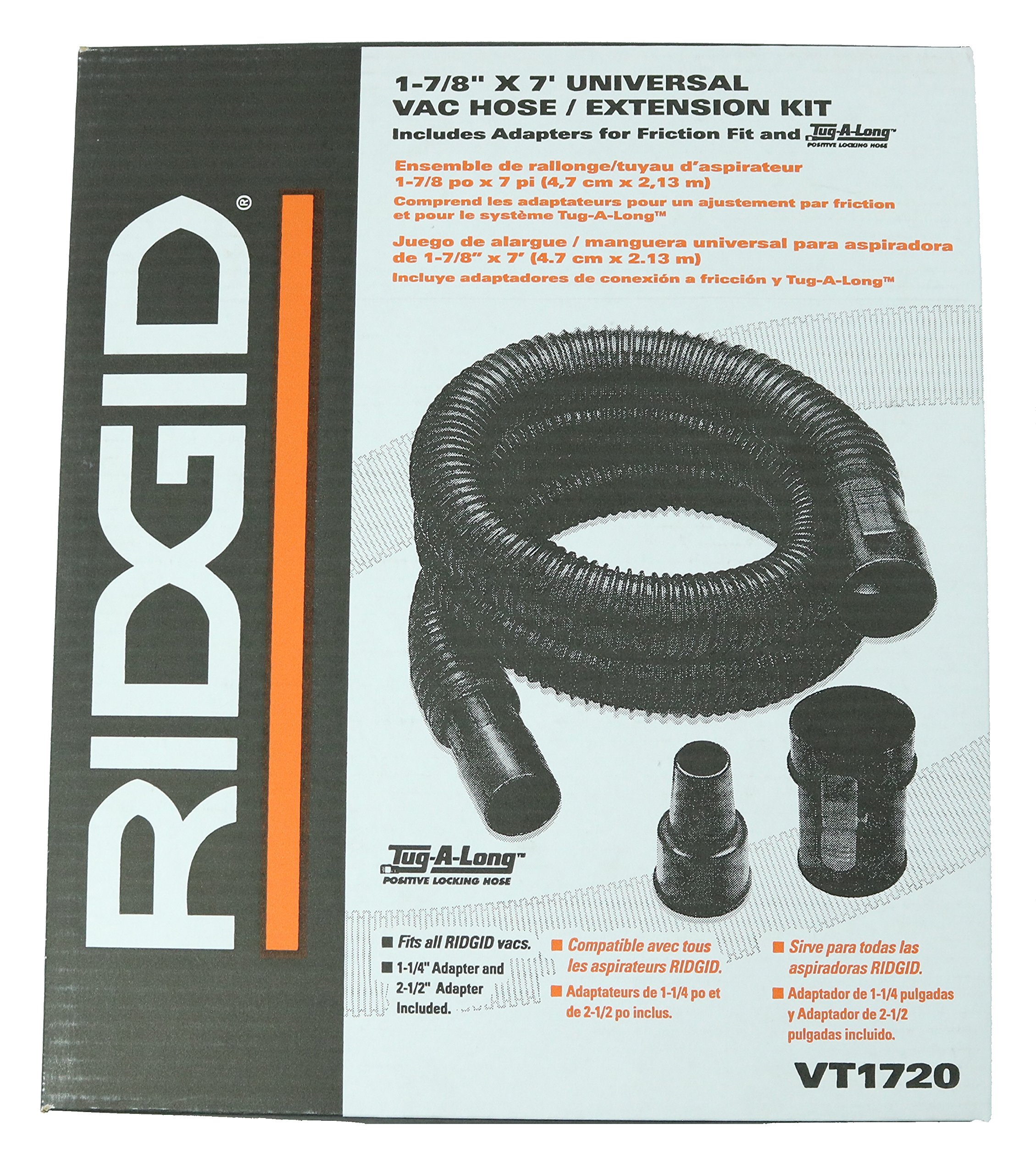 Ridgid Tug-A-Long Genuine OEM 31713 1-7/8 Inch, 7 Foot Vacuum Hose Kit for Wet / Dry Vacuums w/ 1-1/4“ Adapter