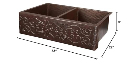 Premier Copper Products KA50DB33229S 33-Inch Hammered Copper Kitchen Apron 50/50 Double Basin Sink with Scroll Design, Oil Rubbed Bronze