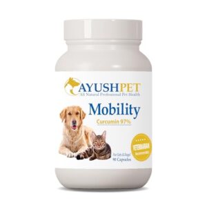 ayush pet mobility, curcumin supplement for healthy joints, pure and powerful joint, digestion, and brain support, large or small pets, 90 capsules