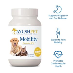 Ayush Pet Mobility, Curcumin Supplement for Healthy Joints, Pure and Powerful Joint, Digestion, and Brain Support, Large or Small Pets, 90 Capsules